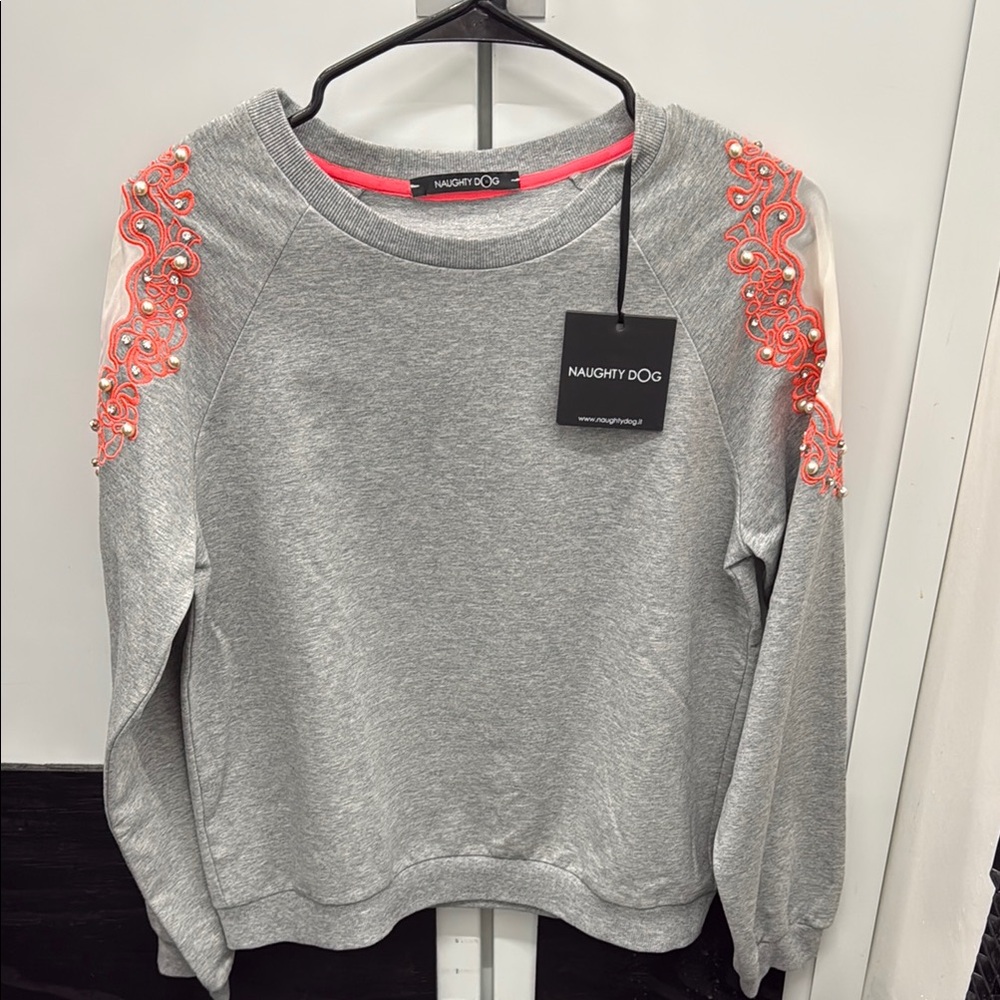Naughty Dog Gray Sweatshirt with Pink Embellishments